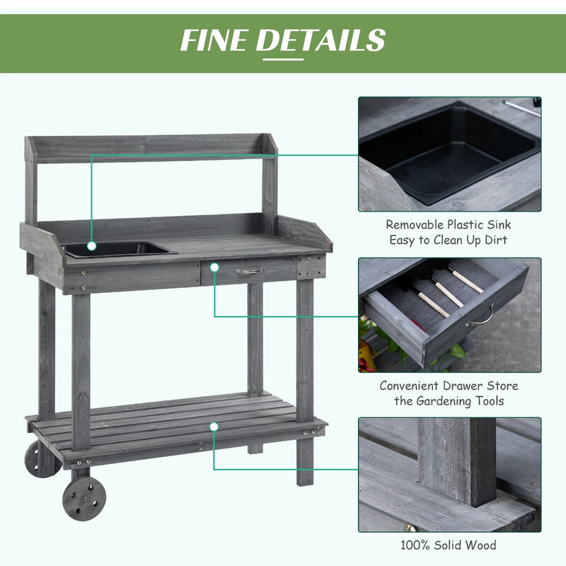 Gray Mobile Garden Aid: Potting Bench with Wheels, Sink, and Storage