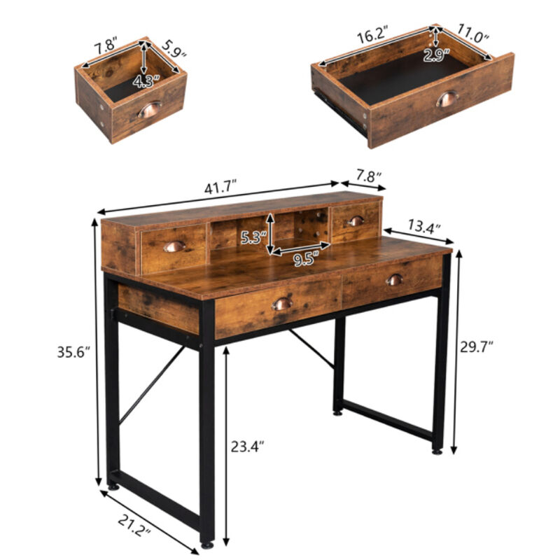 Steel Frame Computer Desk with Old Wood Table Top, 4 Drawers for Home Office or Study