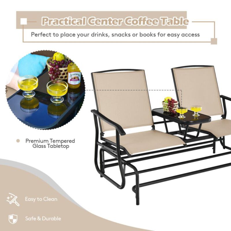 Hivvago 2-Person Double Rocking Loveseat with Mesh Fabric and Center Tempered Glass Table