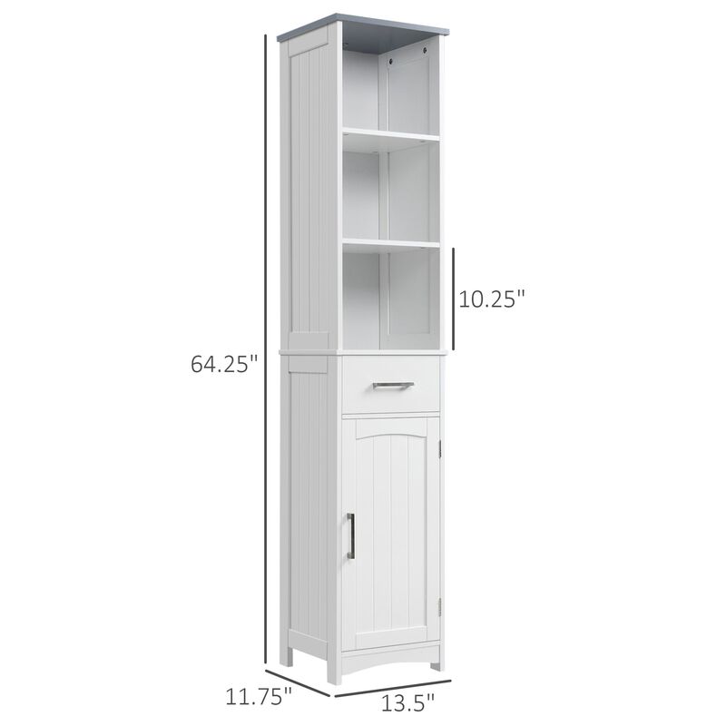 White Bathroom Organizer: Slim 3-Tier Cabinet with Drawer & Door