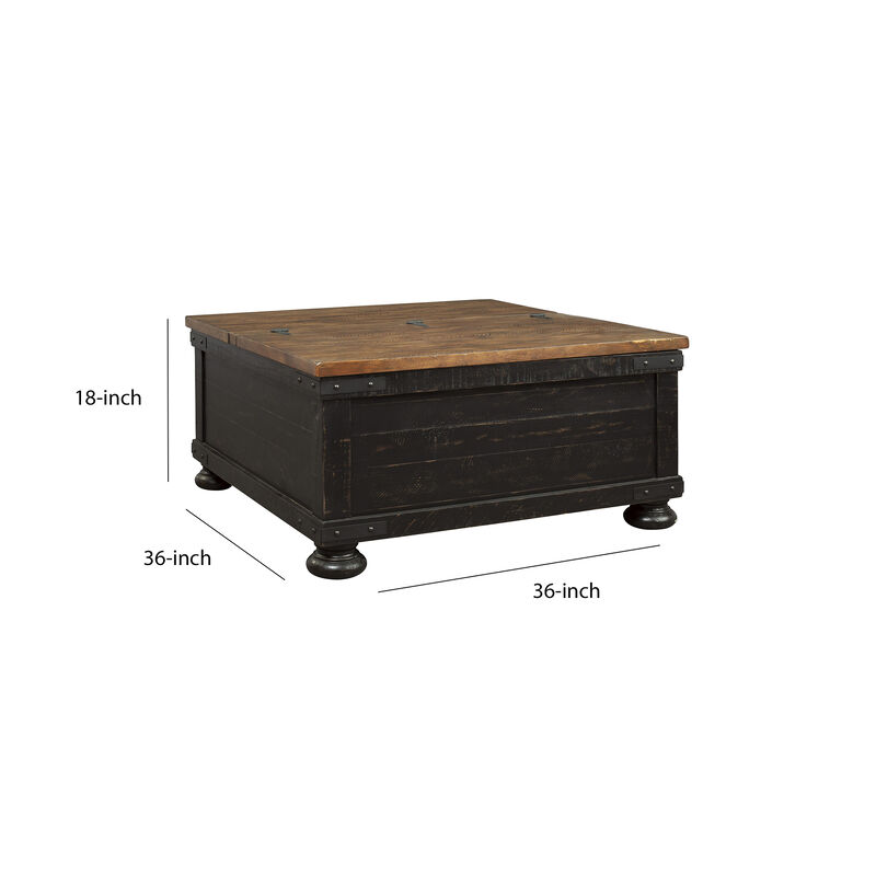 Square Wooden Lift Top Cocktail Table with Trunk Storage, Brown and Black