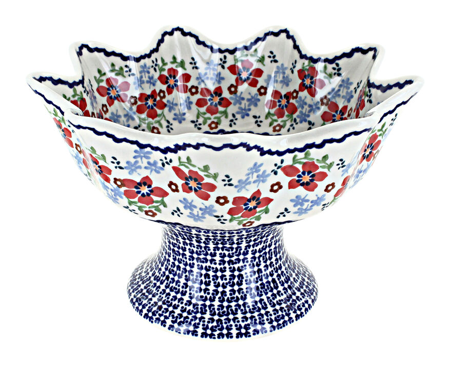 Blue Rose Polish Pottery Red Daisy Pedestal Fruit Bowl