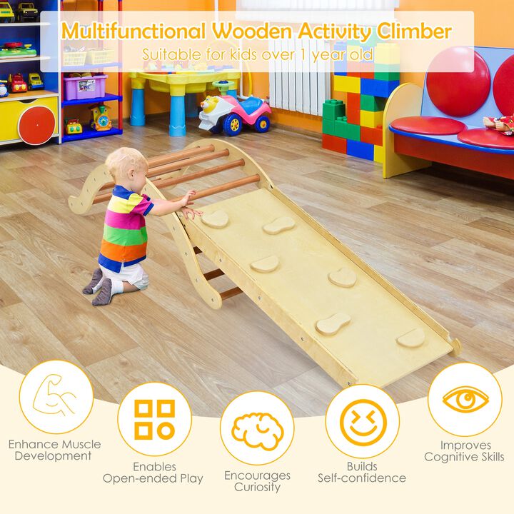 3-in-1 Kids Climber Set Wooden Arch Triangle Rocker with Ramp and Mat