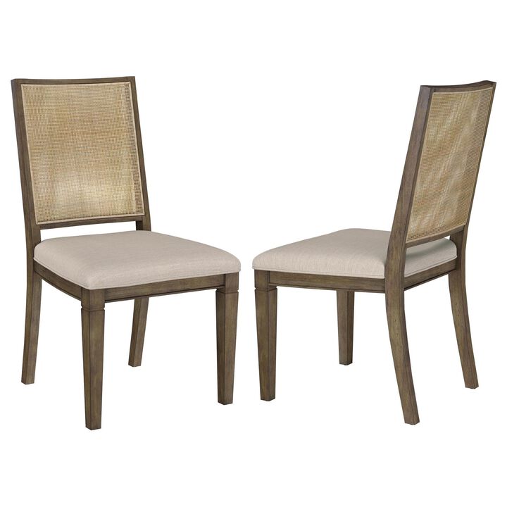 Andy Dining Side Chair Set of 2, Woven Rattan, Gray Fabric, Brown Wood - Benzara