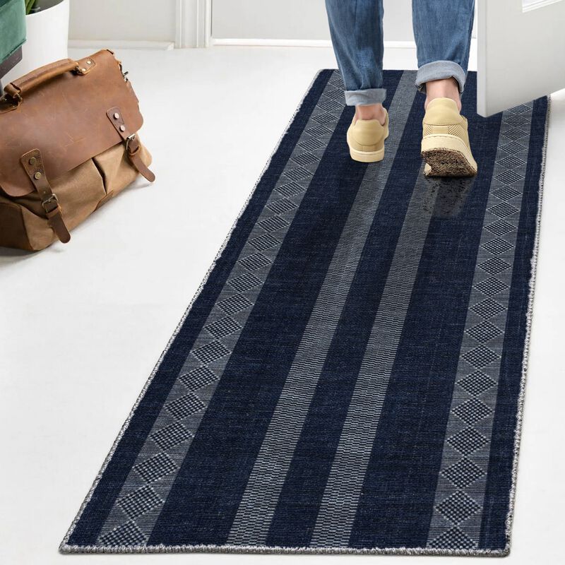 Nautisk Trellis Stripe Machine Washable Area Rug