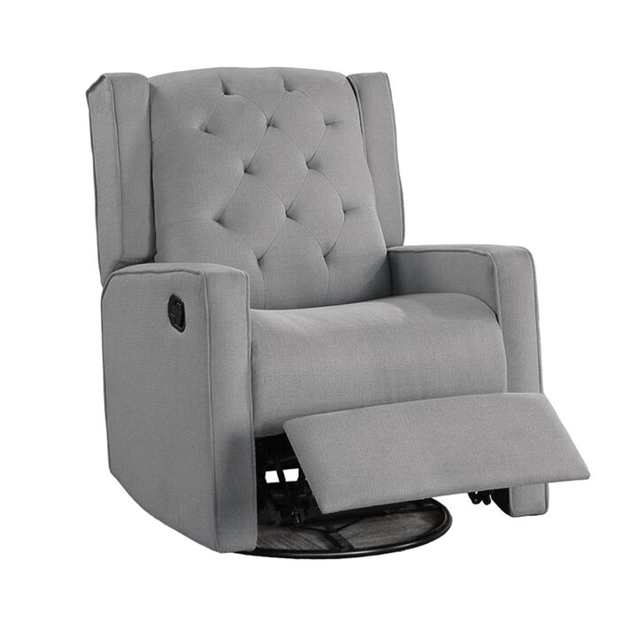 Manie Swivel Glider Manual Recliner, Solid Wood, Classic Gray Burlap - Benzara Manie Swivel Glider Manual Recliner, Solid Wood, Classic Gray Burlap - Benzara