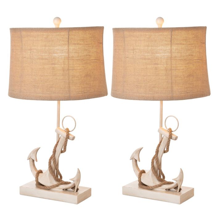 Lux Lighting Anchor 28 Distressed White Polyresin Coastal Table Lamp, (Set of 2)