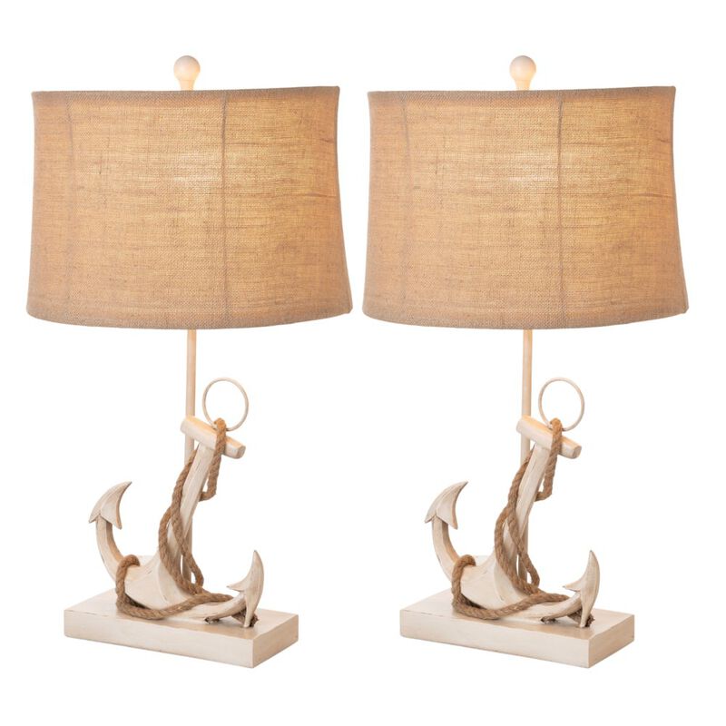 Lux Lighting Anchor 28 Distressed White Polyresin Coastal Table Lamp, (Set of 2)