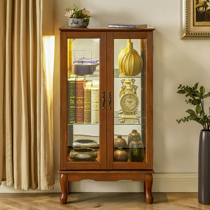 Oak curio with adjustable glass shelves and mirrored back panel