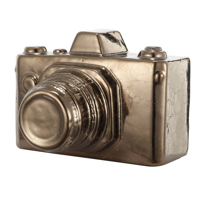 6 Inch Decorative Camera Table Top Accent, Distressed Gold Finish Ceramic - Benzara