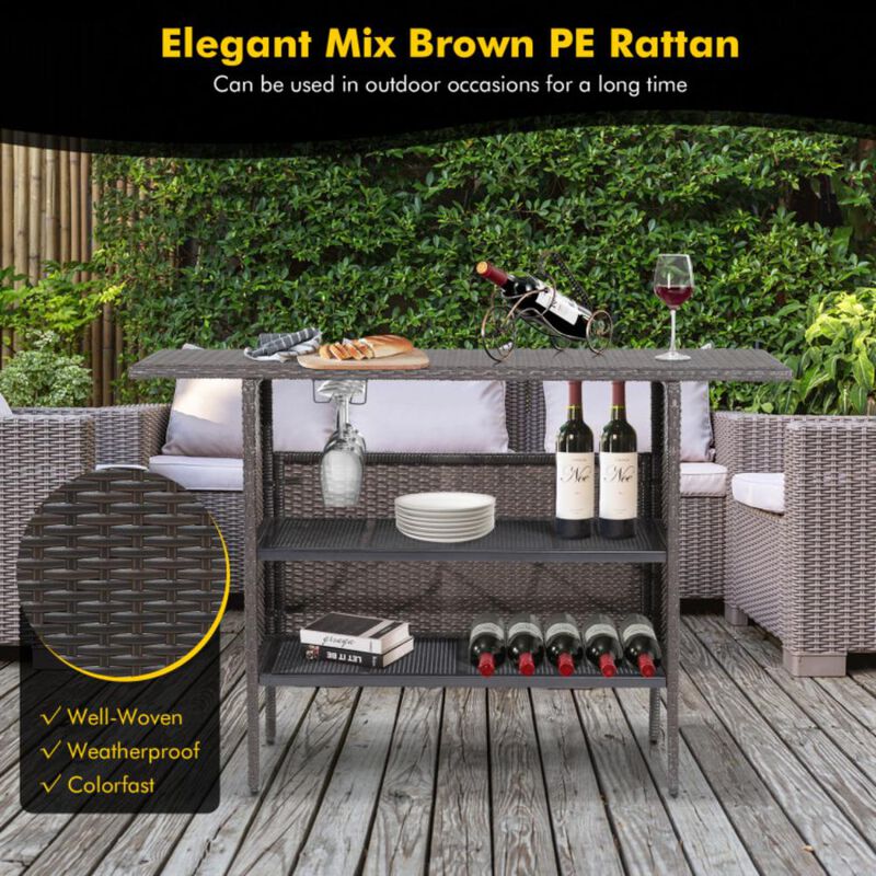 Hivvago Outdoor Wicker Bar Table with 2 Metal Mesh Shelves