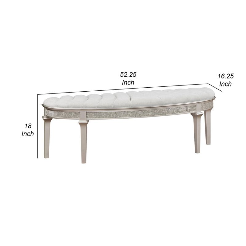 Nive 53 Inch Bench, Semiround Shape, Encrusted Faux Diamond, Silver Oak - Benzara