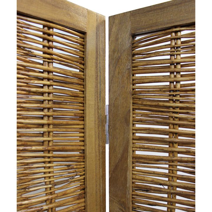 68 Inch Cottage Style 4 Panel Screen Room Divider, Willow Weaving, Brown-Benzara
