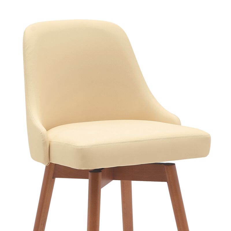 Sean 26 Inch Counter Stool Chair, Swivel, Parson, Cream Faux Leather, Brown - Benzara