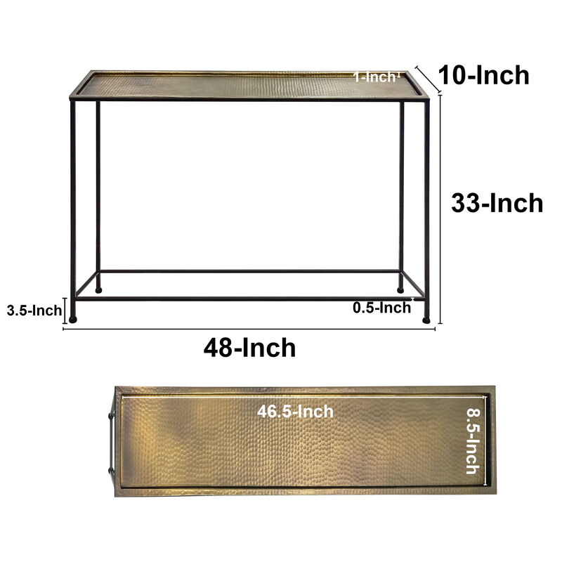 Aurelia 48 Inch Console Sofa Table, Artisanal Hammered Antique Bronze Tray Top, Industrial Black Iron Frame-Benzara