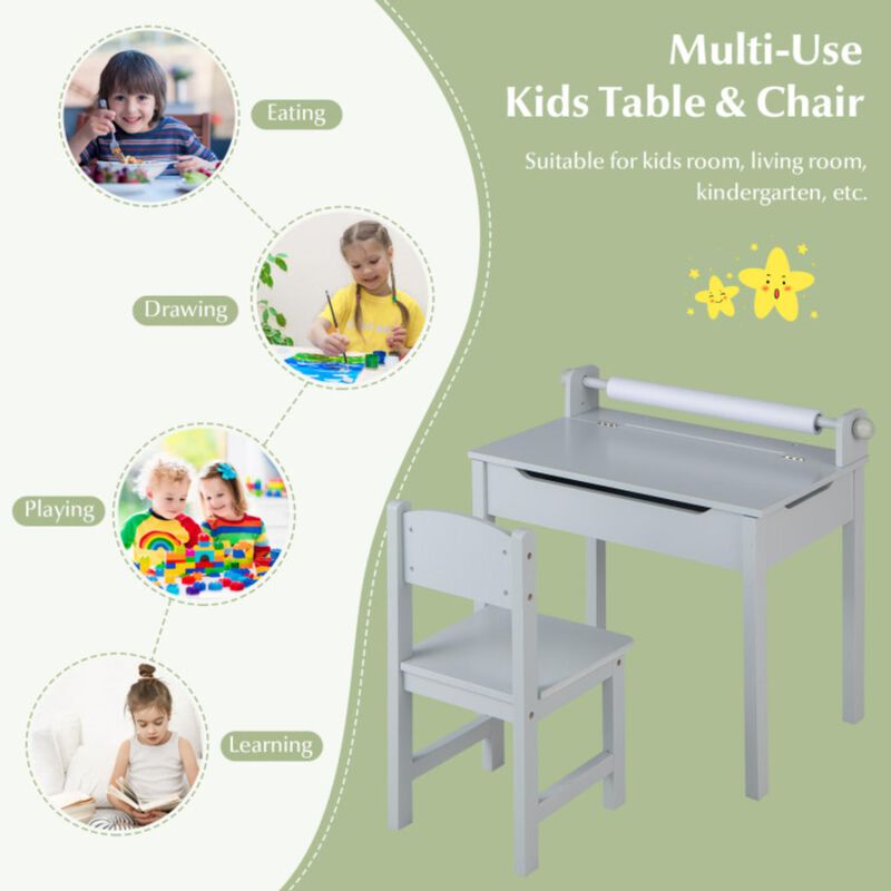 Hivvago Wooden Kids Table and Chair Set with Storage and Paper Roll Holder