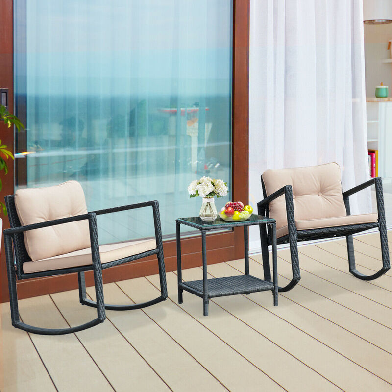 3 Pieces Cushioned Patio Rattan Set with Rocking Chair and Table