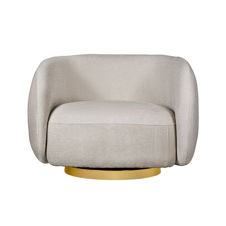 Eros 35 Inch Swivel Accent Chair, Plush White Fabric Upholstery, Gold Base - Benzara