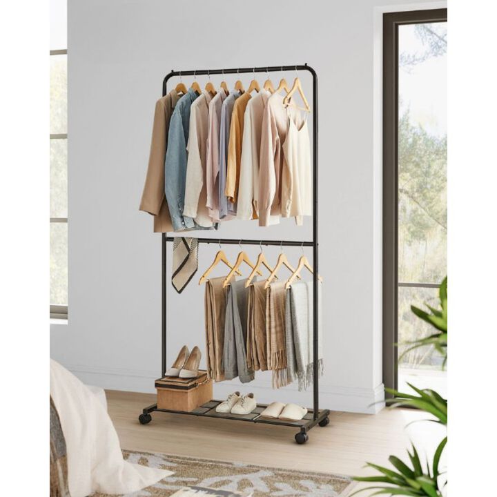 36 Inch Double-Rod Clothes Rack with Wheels