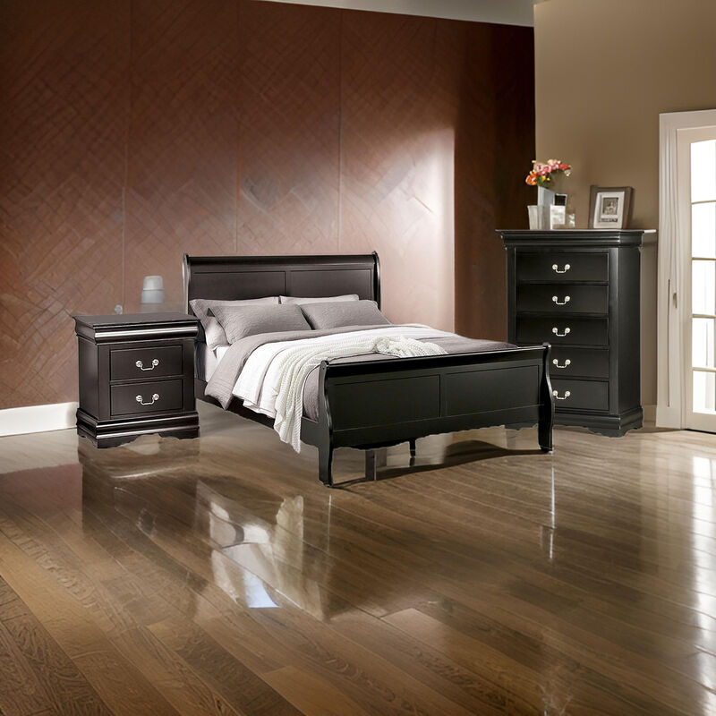 Ry Three Piece Full Size Bedroom Set, Sleek Modern Transitional Style, Black - Benzara