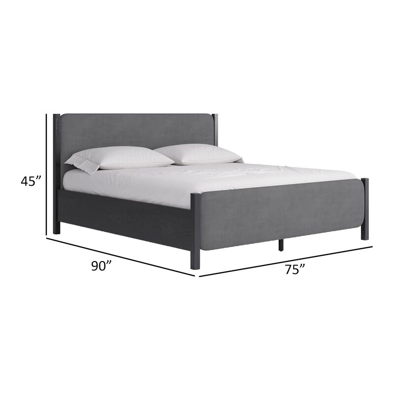Cave California King Bed, Velvet Upholstery, Posts, Gray Mahogany Wood - Benzara