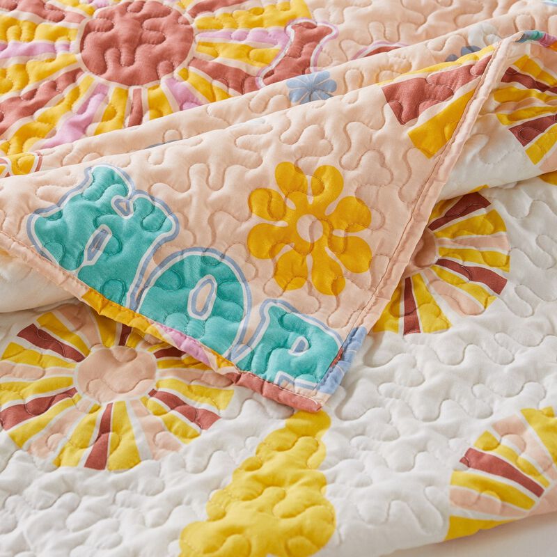 Berlin 3 Piece Microfiber Rainbows and Clouds Print Queen Quilt Set, Beige - Benzara