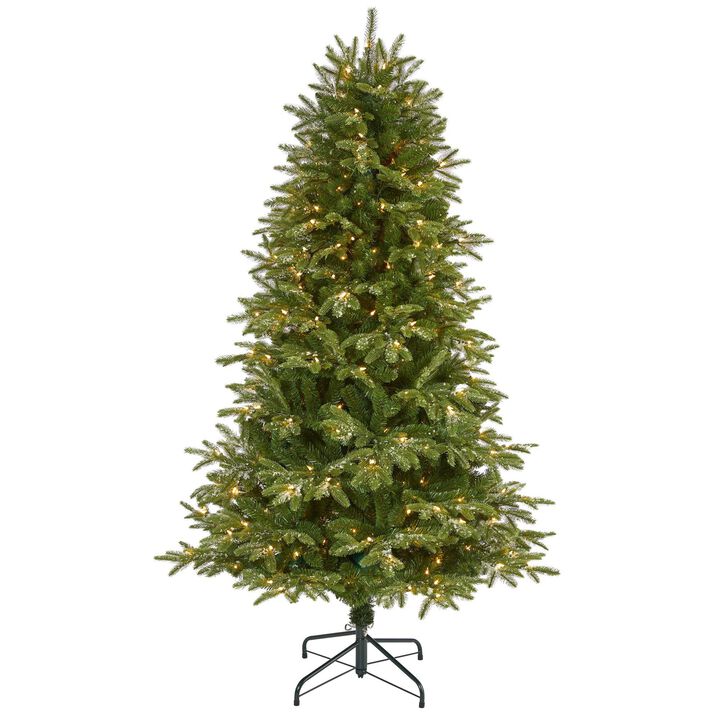 Nearly Natural Snowed Grand Teton Fir Artificial Christmas Tree with Clear Lights and Bendable Branches