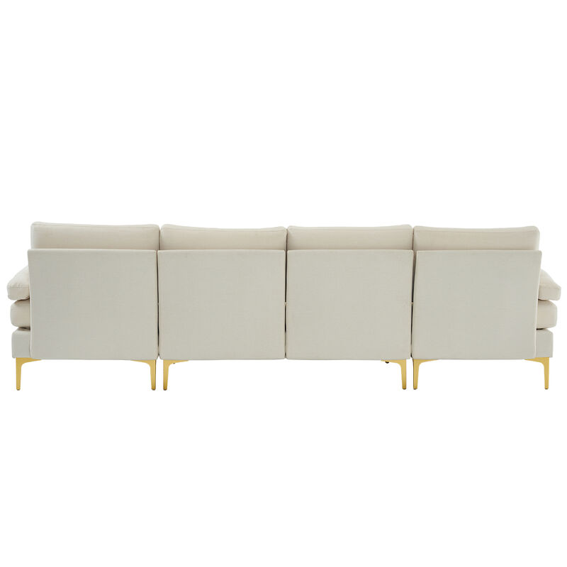 4-Seater U-Shaped Indoor Modular Sofa, Linen Seat with Wooden & Iron Frame, Gold Feet