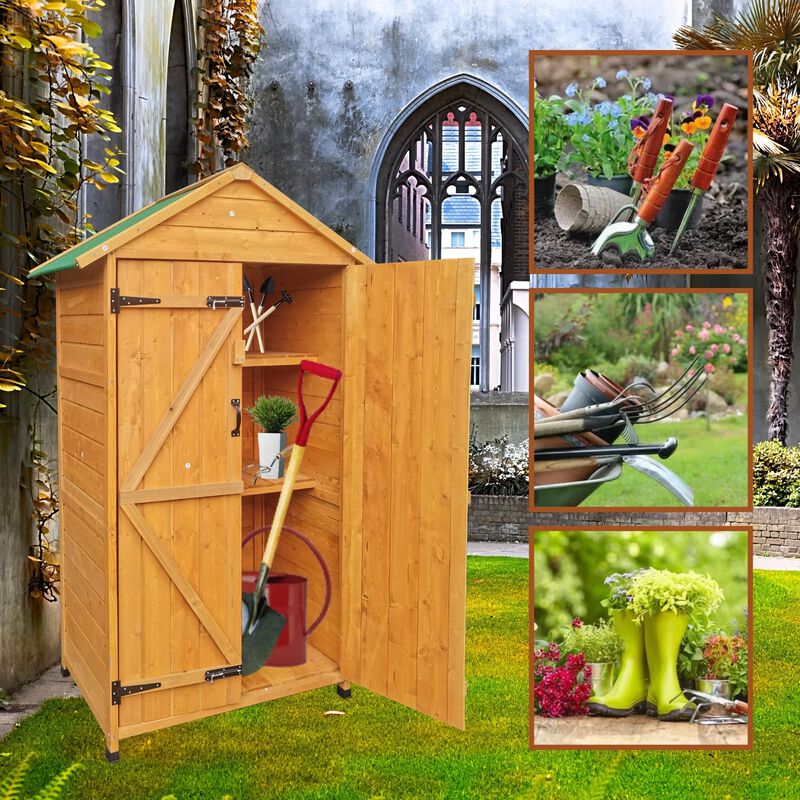 Mondawe 68x23x40in Wooden Tool Shed,Resistant Asphalt Roof & 3 Compartments,Natural Outdoor Storage