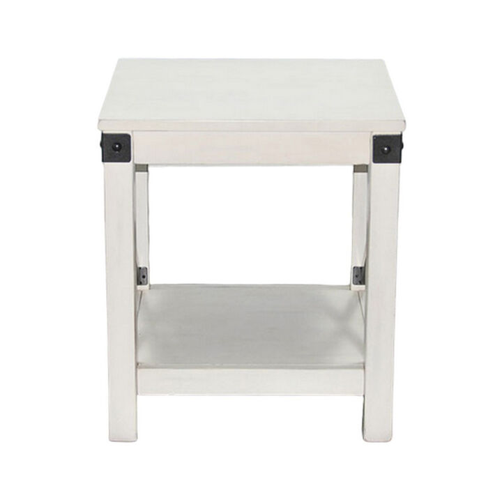 Sime Side End Table w Shelf, X Panel, 20 Inch Square Off White Wood - Benzara