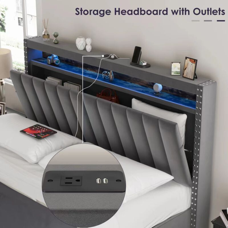 Luxury Gas Lift Storage Bed With Rf LED Lights, Storage Headboard, King Size, Velvet Grey