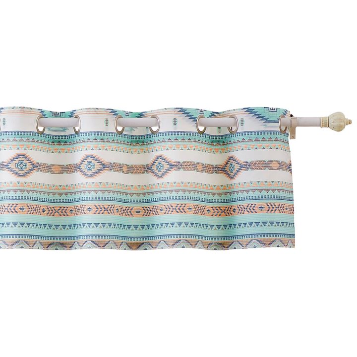 Kiev 84 Inch Window Valance, Microfiber Blue Southwest Design, Grommets-Benzara
