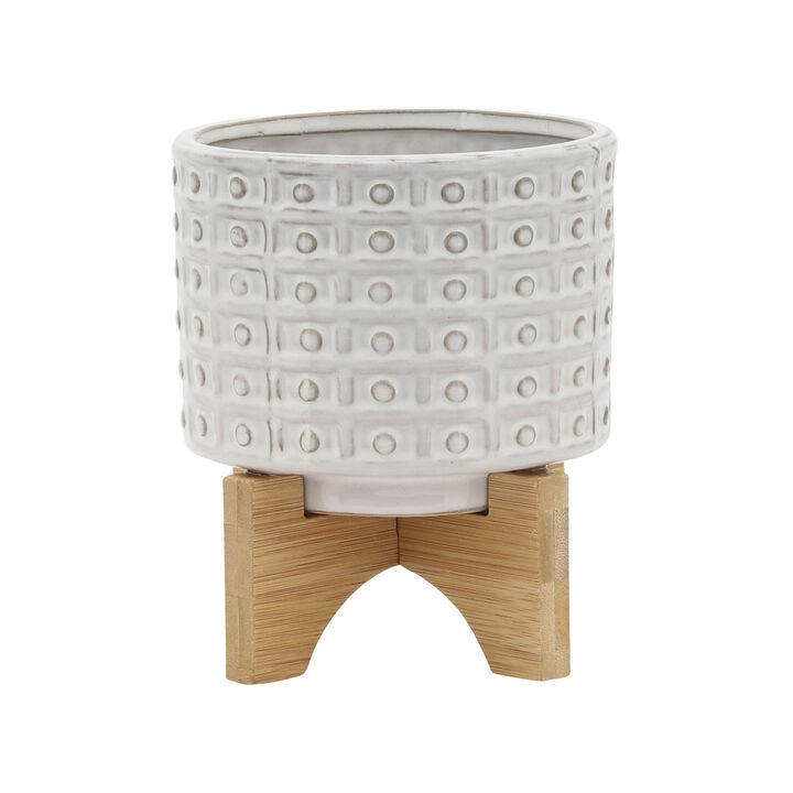 Ceramic 5" Dotted Planter with Wood Stand, Ivory