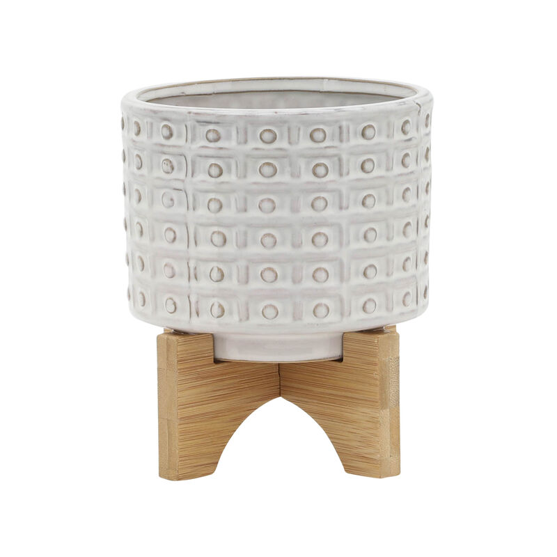 Ceramic 5" Dotted Planter with Wood Stand, Ivory