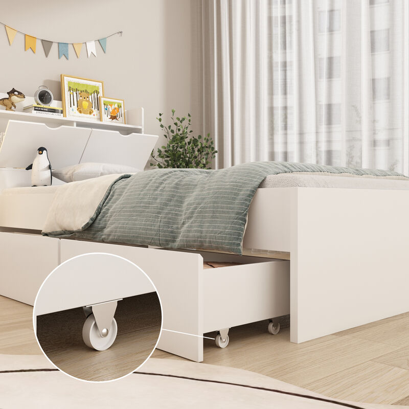 White Wood Frame Twin Bed Platform Bed Storage Bed with 3-Wheels Drawers and Headboard