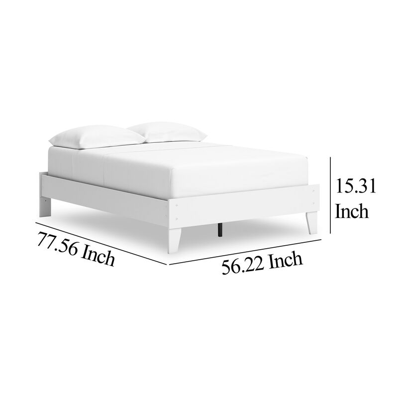Kally Full Platform Bed, Matte White Wood, Low Profile Tapered Legs - Benzara