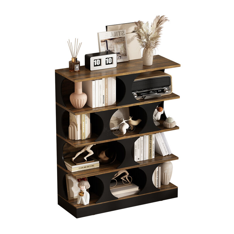 FUFU&GAGA 4-Tier Curved Bookcase - Vintage Walnut Texture, Black Matte Finish, Space-Saving Arched Shelf for Living Room, Office & Bedroom, (43.3" W x 15.7" D x 60" H), Vintage Walnut