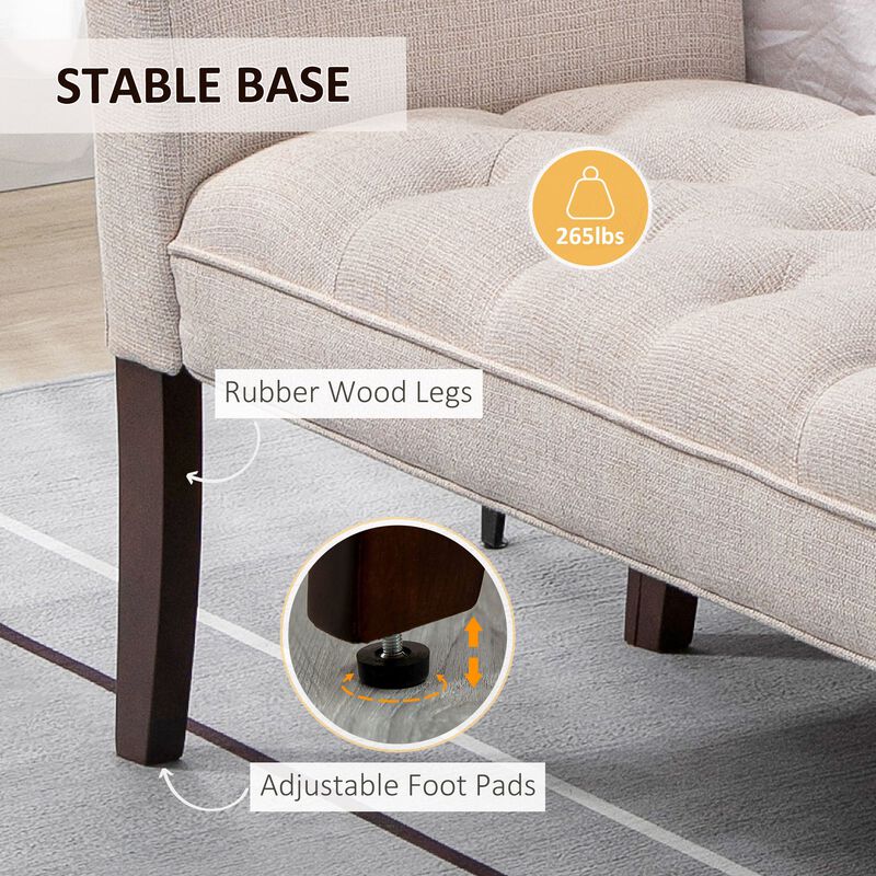 Beige Bedroom Accent: Button Tufted Bench with Arms & Wood Legs