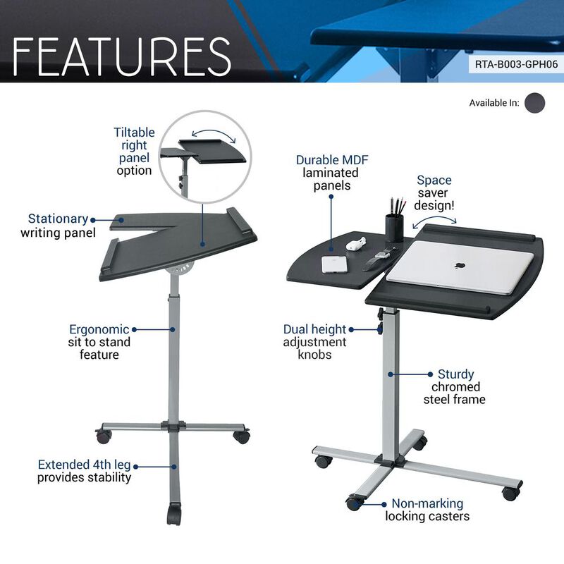 Techni Mobili Rolling Adjustable Laptop Cart. Color: Graphite