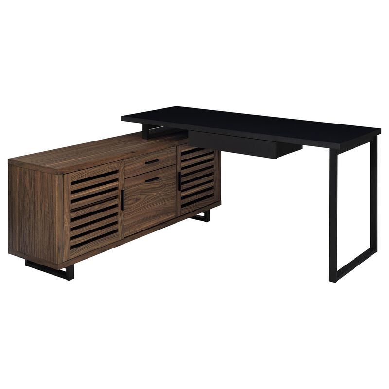 Doxx L Shape Computer Desk, 2 Doors Drawers Black Metal, Walnut Wood - Benzara