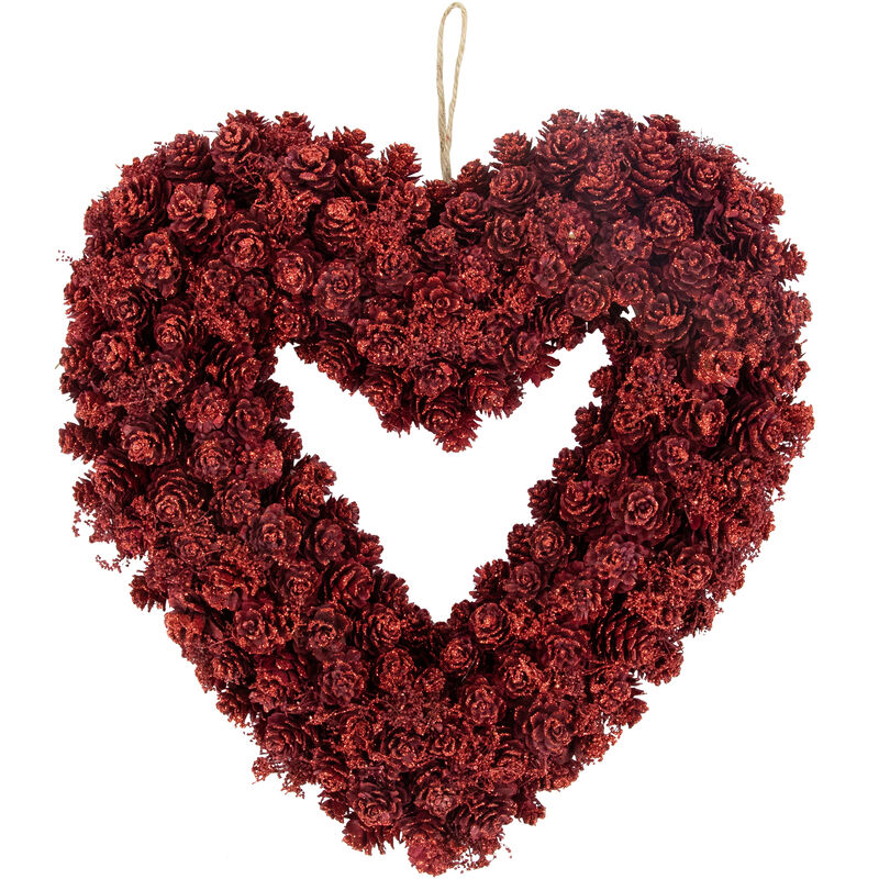 Pine Cone Rose Valentine's Day Wooden Heart Wreath - 14" - Red