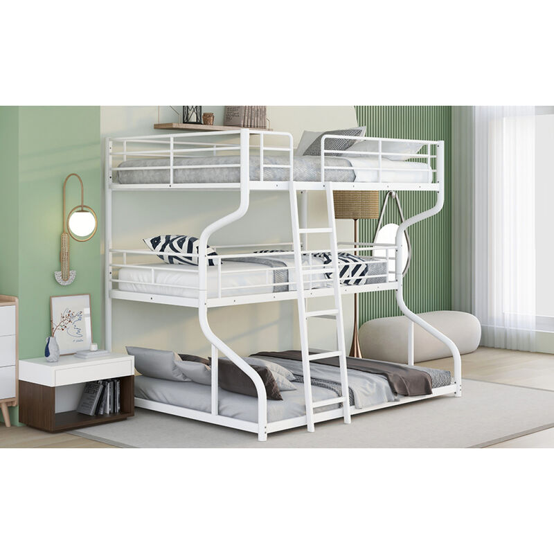 Full XL Over Twin XL Over Queen Size Triple Bunk Bed With Long And Short Ladder