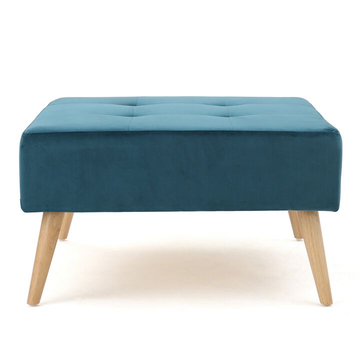 Ottoman, Tufted Teal Velvet, Brown Tapered Wood Legs, Square 31 Inch - Benzara