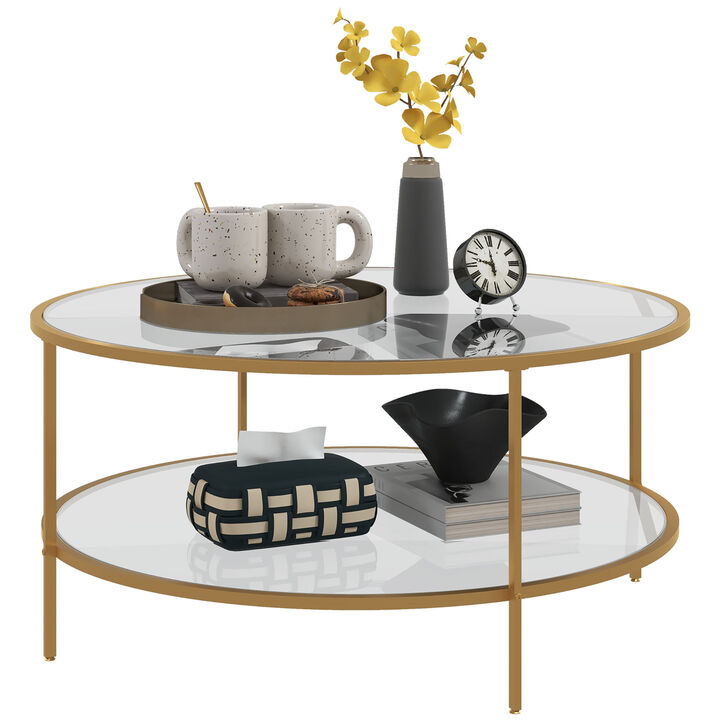 HOMCOM Round Side Table with Storage, 2-Tier End Table Tempered Glass Top