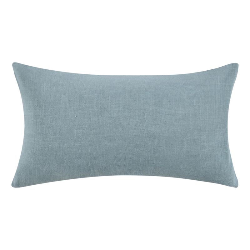 Reto Lumbar Throw Pillow, 14x26in Striped Applique, Blue Cotton Linen - Benzara