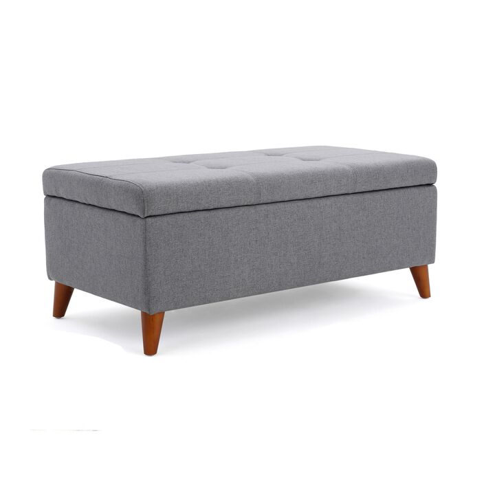 Storage Ottoman Bench, Gray Fabric Cushions, Brown Wood Legs, 38 Inch - Benzara