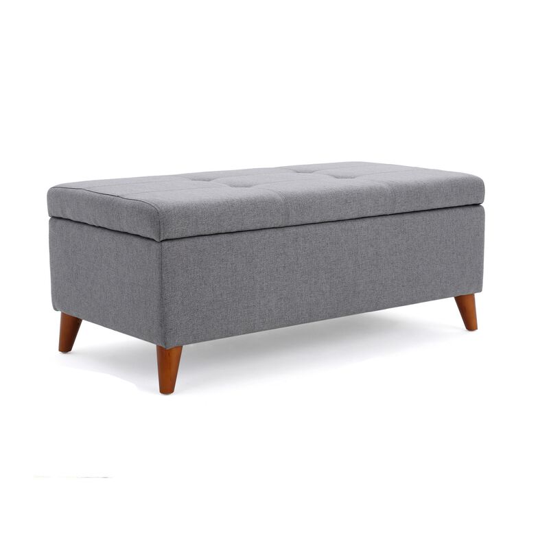 Storage Ottoman Bench, Gray Fabric Cushions, Brown Wood Legs, 38 Inch - Benzara