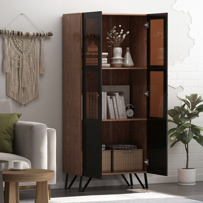 70.7 in. H Brown Wood 2 Glass Door Accent Cabinet W/3-Tier Shelves and Metal Legs Storage Cabinet Bookshelf Cupboard