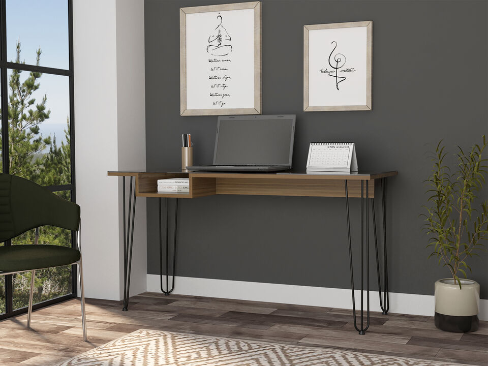 DEPOT E-SHOP Arizona 140 Writing Desk, Hairpin Legs, One Shelf, Mahogany