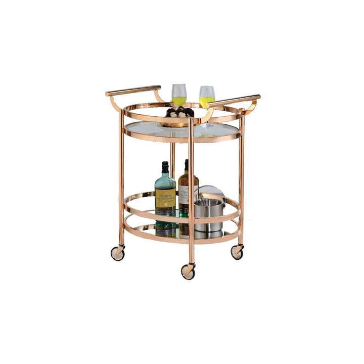 Oval Metal Serving Cart, Clear Glass & Copper-Benzara